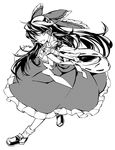  bow flower frilled_skirt frills full_body gohei greyscale hair_bow hair_tubes hakurei_reimu halftone holding leg_up loafers long_hair looking_at_viewer monochrome nakatani_nio open_mouth ribbon-trimmed_sleeves ribbon_trim shoes simple_background skirt smile socks solo touhou wide_sleeves 