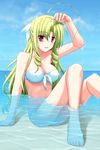  bad_id bad_pixiv_id barefoot bikini blonde_hair breasts covered_nipples drill_hair hayate_no_gotoku! large_breasts long_hair red_eyes ryouta sitting solo submerged swimsuit tennousu_athena water 