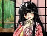  bamboo black_hair blush hime_cut houraisan_kaguya misogi_(misogi1341) nail_polish one_eye_closed solo touhou 