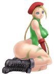  ass bad_id bad_pixiv_id blonde_hair bloom_(artist) blue_eyes bodypaint boots braid breasts cammy_white fingerless_gloves garrison_cap gloves hat impossible_clothes impossible_shirt kneeling large_breasts leotard long_hair shirt solo street_fighter twin_braids 