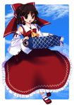  bow brown_hair day detached_sleeves hair_bow hakurei_reimu koga_yoshihisa red_eyes short_hair sky solo touhou 