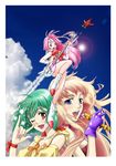  fire_valkyrie green_eyes green_hair long_hair macross macross_7 macross_frontier multiple_girls mylene_jenius one_eye_closed pink_hair purple_eyes ranka_lee red_eyes saitou_sakae sheryl_nome short_hair vf-19 