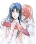  1boy 1girl blue_hair couple eyes_closed female himura_kenshin hug kamiya_kaoru long_hair male orange_hair rurouni_kenshin scar tears thanks2879 