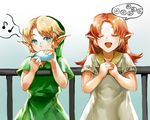  1girl blonde_hair blue_eyes brown_hair closed_eyes dress gameplay_mechanics instrument link long_hair lowres malon muse_(rainforest) music musical_note ocarina pointy_ears singing smile the_legend_of_zelda the_legend_of_zelda:_ocarina_of_time young_link younger 