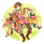  2boys asymmetrical_clothes bad_id bad_pixiv_id black_hair brown_hair gloves goggles green_background height_difference karol_capel matsuko mismatched_footwear multiple_boys raven_(tales) rita_mordio scarf short_hair size_difference sleeping tales_of_(series) tales_of_vesperia 