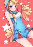  bare_shoulders blonde_hair blue_eyes blush cheerleader heroman hikari_no lina_davis pom_poms smile solo 