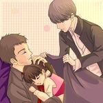  2boys aoba_(precious) bad_id bad_pixiv_id brown_hair covering_with_blanket doujima_nanako doujima_ryoutarou father_and_daughter grey_hair multiple_boys narukami_yuu persona persona_4 sleeping 