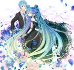  1girl anko_kinako aqua_eyes aqua_hair bad_id bad_pixiv_id blue_eyes blue_flower blue_hair blue_rose checkered checkered_floor dress dual_persona flower formal genderswap genderswap_(ftm) gloves gown gradient_hair green_hair hair_flower hair_ornament hatsune_miku hatsune_mikuo long_hair looking_back multicolored_hair necktie perspective piano_keys piano_print rose twintails very_long_hair vocaloid 