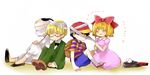  3boys backpack bag bandages black_hair blonde_hair formal frying_pan glasses hat jeff_andonuts mother_(game) mother_2 multiple_boys mushirou ness paula_(mother_2) poo_(mother_2) ribbon smile suit 