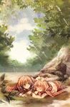  1girl bad_id bad_pixiv_id blonde_hair blue_eyes brother_and_sister closed_eyes hair_ribbon highres kagamine_len kagamine_rin loc6 lying nature on_stomach ribbon short_hair siblings sleeping twins vocaloid 