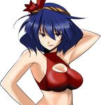  alternate_costume bare_shoulders blue_hair breasts cleavage cleavage_cutout commentary_request hair_ornament hand_behind_head kasu_kazu large_breasts leaf_hair_ornament navel short_hair simple_background smile solo touhou tsurime upper_body yasaka_kanako 