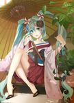  absurdres aqua_eyes aqua_hair bad_id bad_pixiv_id earrings flower hair_flower hair_ornament hands hatsune_miku high_heels highres japanese_clothes jewelry kimono kimono_skirt legs lips long_hair minami_haruya oriental_umbrella shoes sitting smile solo twintails umbrella very_long_hair vocaloid yukata 