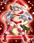  bad_id bad_pixiv_id blue_gloves blue_hair boots bow christmas copyright_request cross-laced_footwear gloves hat long_hair nagare navel pink_legwear red_footwear sack santa_costume santa_hat skirt solo thighhighs yellow_eyes 