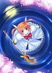  blue_eyes brown_hair cherry_blossoms from_above full_moon hair_ribbon looking_up lyrical_nanoha mahou_shoujo_lyrical_nanoha moon raising_heart reflection ribbon ringo_meshi ripples solo takamachi_nanoha twintails water 