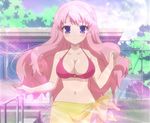  baka_to_test_to_shoukanjuu bikini blush bra breasts cap female highres himeji_mizuki lingerie long_hair nature outdoors pink_hair screencap sky solo swimsuit underwear 