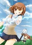  brown_eyes brown_hair dutch_angle electricity minamoto_mamechichi misaka_mikoto multiple_girls school_uniform shirai_kuroko short_hair shorts sweater_vest to_aru_kagaku_no_railgun to_aru_majutsu_no_index 