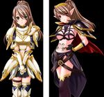 armor before_and_after brown_hair custom_slave_f dark_persona knight long_hair midriff navel ponytail source_request tattoo thigh-highs thighhighs transformation 