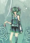  blackball bracelet can detached_sleeves green_eyes green_hair hatsune_miku jewelry long_hair necktie single_thighhigh skirt solo thighhighs twintails vocaloid 