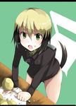  :o animal_ears blonde_hair eating erica_hartmann food food_on_face fork from_above frown green_eyes looking_up multicolored_hair open_mouth plate potato rosettastone short_hair solo strike_witches tail uniform world_witches_series 