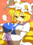  blonde_hair blue_plan breast_hold breasts fox_tail hat heart large_breasts multiple_tails short_hair simple_background smile solo tail touhou yakumo_ran yellow_eyes 
