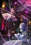  bat_wings battle braid card chain dagger duel floating_card hat izayoi_sakuya jamadhar lavender_hair maid maid_headdress multiple_girls playing_card polearm red_eyes remilia_scarlet saber_01 short_hair silver_hair spear_the_gungnir touhou weapon wings 