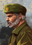  beard beret bill_(left4dead) cigarette facial_hair green_hat grey_hair hat jacket kotaro_(kotaillust) left_4_dead male_focus manly military military_uniform old_man profile realistic smoking solo uniform 