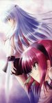  2girls absurdres angel_beats! blade blue_hair goto_p green_eyes hairband highres multiple_girls school_uniform tachibana_kanade tenshi_(angel_beats!) torn_clothes weapon yellow_eyes yuri_(angel_beats!) 