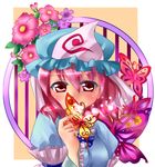  bug butterfly flower hat insect nagare pink_eyes pink_hair saigyouji_yuyuko short_hair solo touhou 