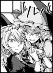  black_border border circle_cut greyscale hat holding_hands izayoi_sakuya monochrome multiple_girls nakatani_nio remilia_scarlet touhou 