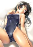  black_hair blush brown_eyes katahira_masashi one-piece_swimsuit original solo swimsuit 