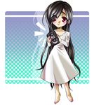  black_hair chibi female girl hair_over_one_eye long_hair red_eyes the_ring vhs videocasette yamamura_sadako 