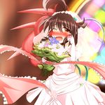  ahoge asymmetrical_wings black_hair blush bouquet bridal_veil bride brown_hair dress elbow_gloves fang flower gloves hair_ornament houjuu_nue orange_eyes red_eyes rindou_(p41neko) short_hair solo tears touhou veil wedding wedding_dress wings 