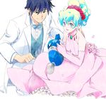  1boy 1girl blue_hair couple dress flower formal gloves happy hetero jewelry kanke_(yonkuma) multicolored_hair nia_teppelin pink_dress pink_wedding_dress simon tengen_toppa_gurren_lagann tuxedo two-tone_hair watering_can wedding_dress 