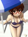  bad_id bad_pixiv_id beach bikini breasts brown_eyes brown_hair cleavage day from_above glasses highres k-on! large_breasts manabe_nodoka navel parasol red-framed_eyewear seashell semi-rimless_eyewear shadow shell short_hair siraha solo swimsuit umbrella under-rim_eyewear 