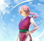  bad_id bad_pixiv_id braid cloud day dutch_angle genkai hand_on_hip izru pink_hair sky solo yellow_eyes younger yuu_yuu_hakusho 