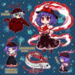  alternate_color frills green_eyes hat nagae_iku oarfish pixel_art pote_(ptkan) purple_hair red_eyes ribbon shawl short_hair sleeping touhou 