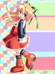  blonde_hair blue_eyes boots hair_ribbon knee_boots long_hair nagare open_mouth red_skirt ribbon rockman rockman_(classic) roll skirt solo 