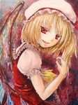  bad_id bad_pixiv_id blonde_hair fang flandre_scarlet hat highres marker_(medium) millipen_(medium) moco._(artist) nail_polish portrait red_eyes red_nails side_ponytail smirk solo touhou traditional_media wings 