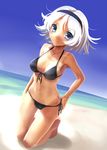  beach bikini blue_eyes breasts cleavage day front-tie_top full_body hand_on_hip katahira_masashi medium_breasts navel original short_hair side-tie_bikini smile solo swimsuit tan white_hair 