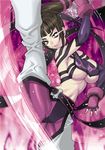  1girl bad_id bad_pixiv_id black_hair breasts chinese_clothes commentary drill_hair dudou fingerless_gloves gloves glowing glowing_eye halterneck han_juri large_breasts solo street_fighter street_fighter_iv_(series) twin_drills underboob yukiyanagi 