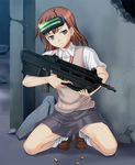  assault_rifle brown_eyes brown_hair bullpup fn_f2000 gun head_mounted_display misaka_imouto rifle school_uniform shell_casing solo squatting sweater_vest to_aru_majutsu_no_index tonbidou weapon 