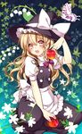  apple bad_id bad_pixiv_id blonde_hair bow braid bug butterfly buttons flower food fruit hair_bow hat highres insect kirisame_marisa long_hair masaru.jp multicolored multicolored_eyes open_mouth pink_eyes sitting solo touhou witch_hat yellow_eyes 