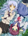  2girls angel_beats! black_legwear green_eyes hair_ribbon long_hair lying multiple_girls plant pleated_skirt purple_hair ribbon school_uniform serafuku silver_hair skirt tenshi_(angel_beats!) thighhighs water yellow_eyes yuri_(angel_beats!) zettai_ryouiki 