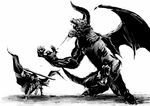  bat_wings battle berserk cape demon dragonslayer_(sword) greyscale guts horns monochrome simple_background waganeya wings zodd 