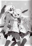  ahoge alternate_costume artist_request blazblue blush braid eyepatch greyscale gun handgun long_hair miniskirt monochrome multiple_girls necktie noel_vermillion nu-13 official_art school_uniform skirt source_request thighhighs weapon zettai_ryouiki 