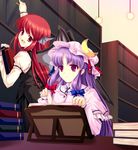  bad_id bad_pixiv_id bat_wings book bookshelf cetera crescent hair_ribbon hat head_wings highres koakuma library long_hair multiple_girls patchouli_knowledge purple_eyes purple_hair red_eyes red_hair ribbon smile touhou voile wings 