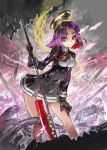  1girl bare_legs cable commentary_request dress glaive gloves headgear kantai_collection konno_takashi long_sleeves looking_at_viewer mechanical_halo medium_hair neck_ribbon polearm purple_eyes purple_hair ribbon short_dress skirt solo tatsuta_(kantai_collection) thick_eyebrows weapon 