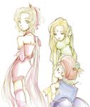  artist_request bad_anatomy bent_over blonde_hair blush celes_chere dress final_fantasy final_fantasy_vi hair_ribbon hat jewelry lowres multiple_girls notepad open_mouth pendant pink_dress ponytail relm_arrowny ribbon simple_background thighhighs tina_branford white_background writing zettai_ryouiki 