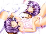  bangs bed blue_panties blush bow bow_panties clannad closed_eyes dress_shirt fujibayashi_kyou fujibayashi_ryou hair_ribbon igul lingerie lying multiple_girls negligee on_back on_side panties pink_panties purple_hair ribbon ribbon-trimmed_underwear ribbon_trim shirt siblings sleeping strap_slip striped striped_panties thighhighs tress_ribbon twins underwear white_legwear 