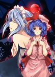  ascot blue_background blue_hair breasts dress frills hamayumiba_sou hat izayoi_sakuya maid maid_headdress medium_breasts multiple_girls nude pink_dress pink_hat red_eyes remilia_scarlet short_hair sideboob touhou 